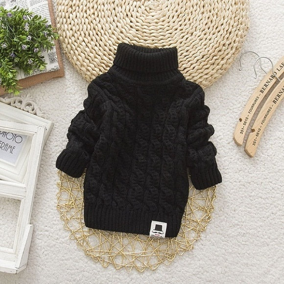 Kids Unisex Turtleneck Sweater - Cotton, turn-down collar, full-length sleeves, patch designs, sizes 13 months to 12 years.