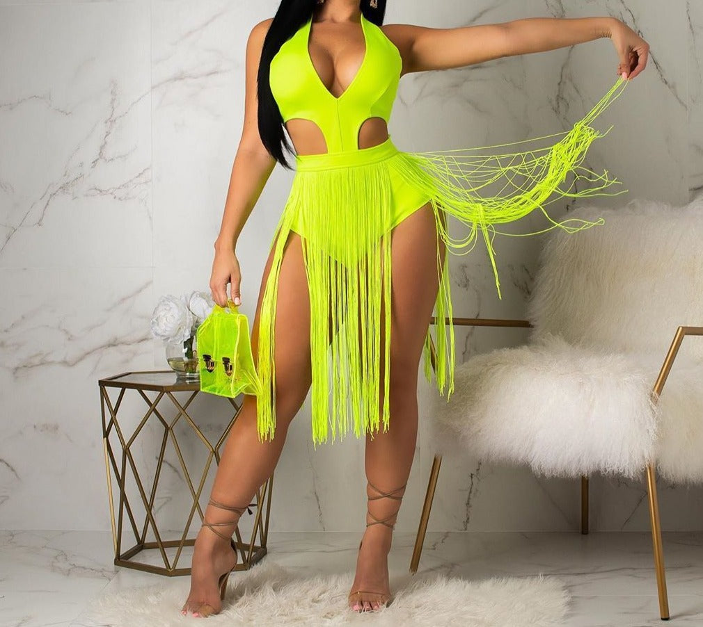 Cut-Out Beach Romper with Tassels in neon color