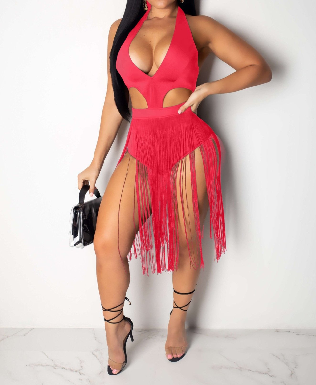 Cut-Out Beach Romper with Tassels in color red