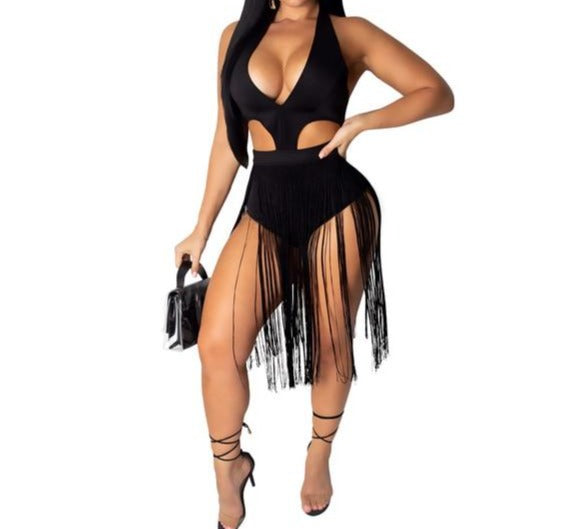 Cut-Out Beach Romper with Tassels in color black