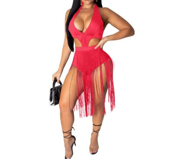 Cut-Out Beach Romper with Tassels in color red