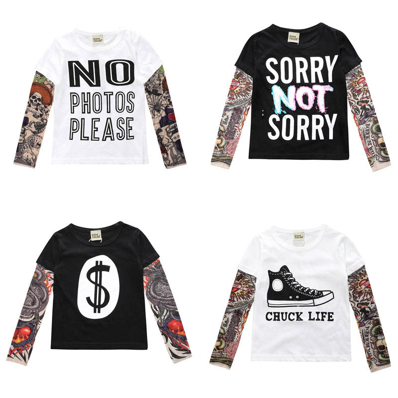 Tattoo-inspired long sleeve shirt with cool designs. Available in various styles, colors, and sizes for boys