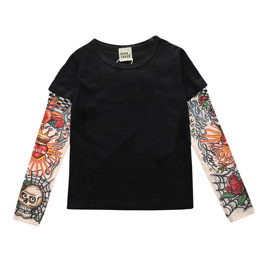 Tattoo-inspired long sleeve shirt with cool designs. Available in various styles, colors, and sizes for boys