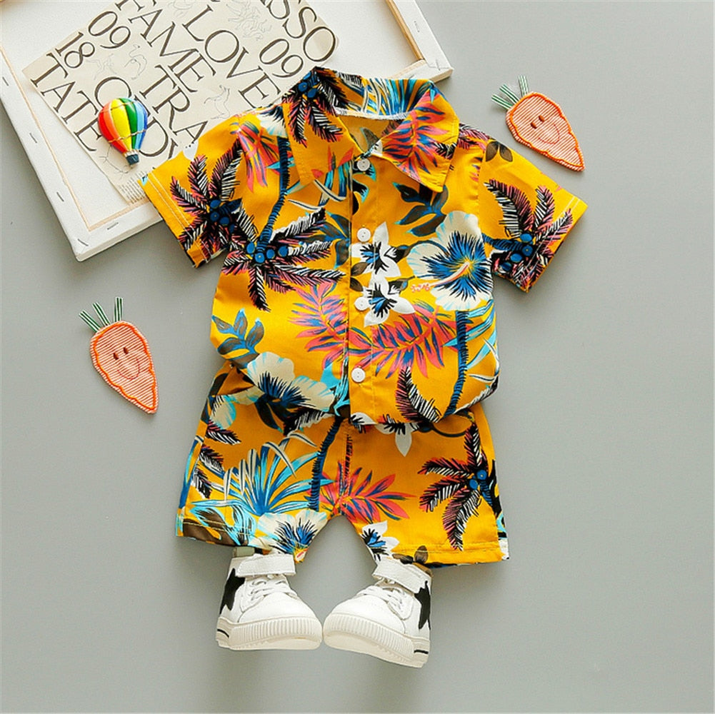 Boys Beach Wear set for summer, cotton polyester blend, sizes for boys 0-5 years old, various colors.