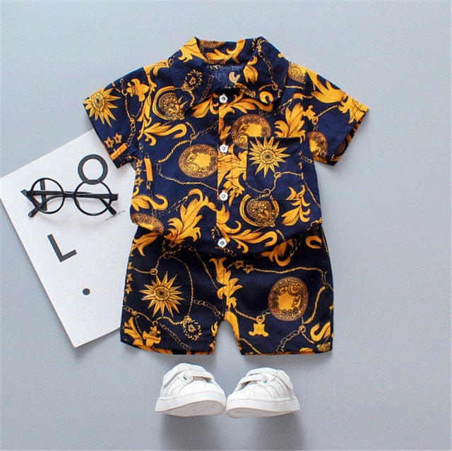 Boys Beach Wear set for summer, cotton polyester blend, sizes for boys 0-5 years old, various colors.