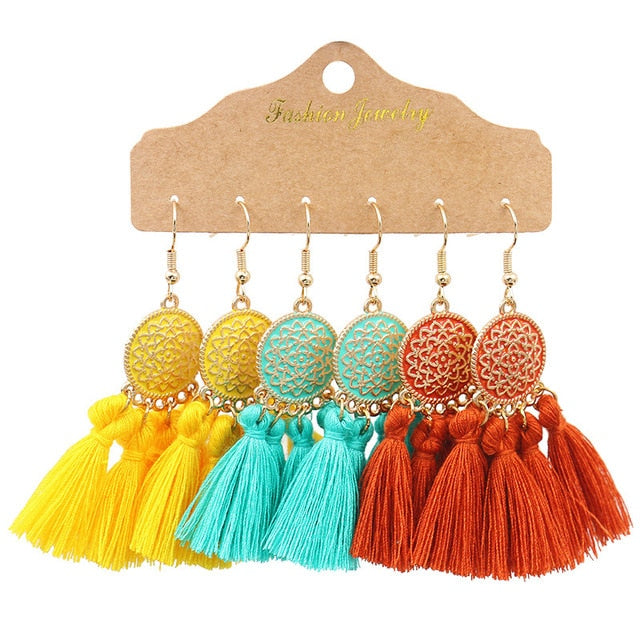 Boho Ethnic Tassel Drop Earrings - the perfect accessory for your beach attire. Stay fashionable and trendy with these stylish earrings. Available in different colors and styles to suit your preference.