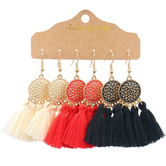 Boho Ethnic Tassel Drop Earrings - the perfect accessory for your beach attire. Stay fashionable and trendy with these stylish earrings. Available in different colors and styles to suit your preference.