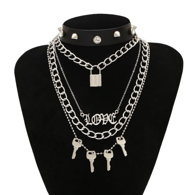 A stunning Men's Gothic Neck Chain featuring locks and keys design, ideal for adding a playful yet masculine touch to casual outfits.