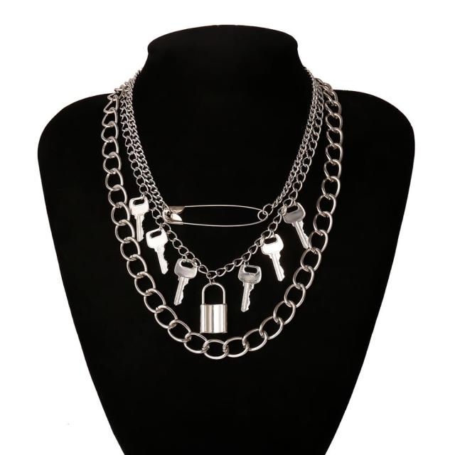 A stunning Men's Gothic Neck Chain featuring locks and keys design, ideal for adding a playful yet masculine touch to casual outfits.