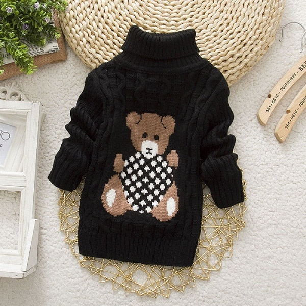 Kids Unisex Turtleneck Sweater - Cotton, turn-down collar, full-length sleeves, patch designs, sizes 13 months to 12 years.