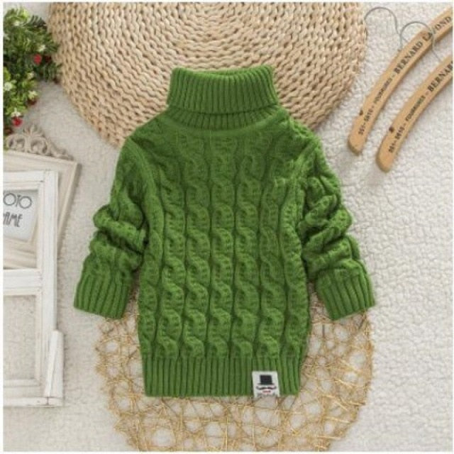 Kids Unisex Turtleneck Sweater - Cotton, turn-down collar, full-length sleeves, patch designs, sizes 13 months to 12 years.