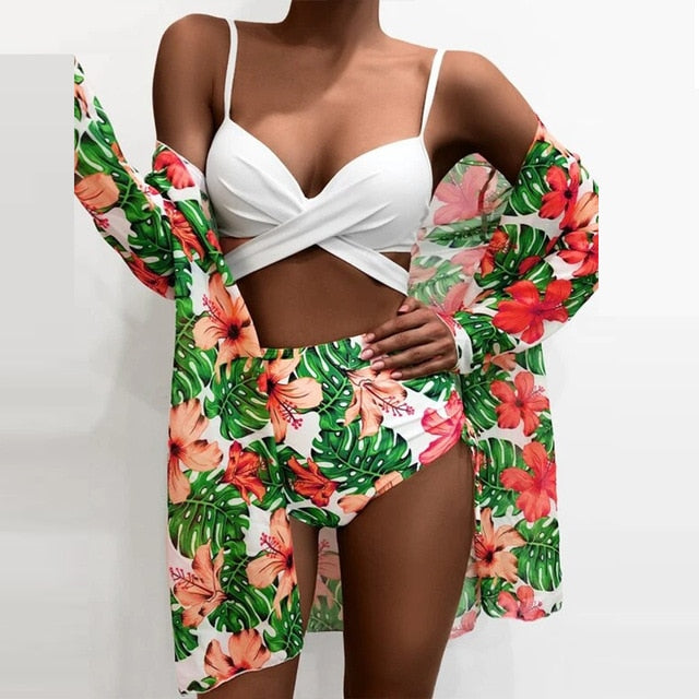 A woman wearing a Summer Sexy Floral Print Swimsuit, with a beautiful floral print design and made of comfortable cotton and polyester fabric.