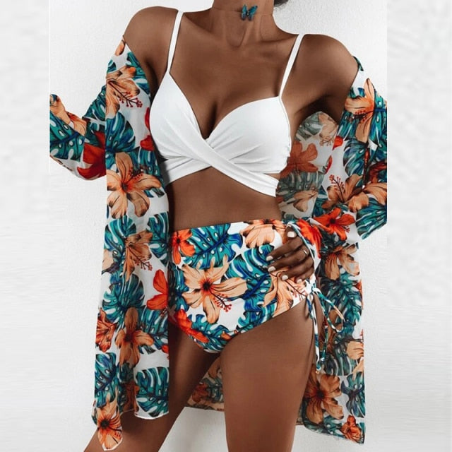 A woman wearing a Summer Sexy Floral Print Swimsuit, with a beautiful floral print design and made of comfortable cotton and polyester fabric.