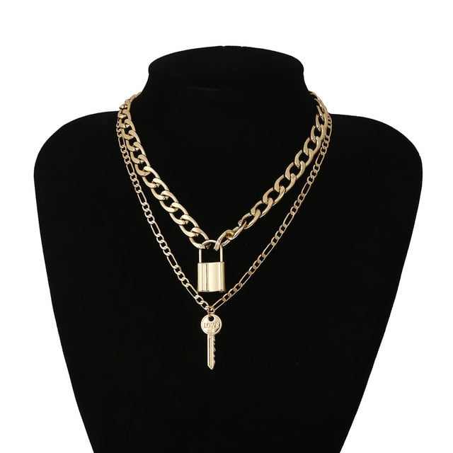 A stunning Men's Gothic Neck Chain featuring locks and keys design, ideal for adding a playful yet masculine touch to casual outfits.