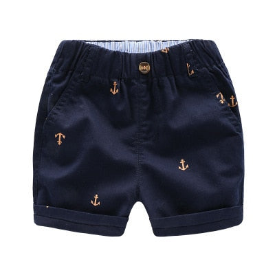 Comfortable Summer Boys Beach Shorts, cotton fabric, elastic waistband, sizes 4-9 years old, Khaki, Light Blue, and Navy Blue colors.