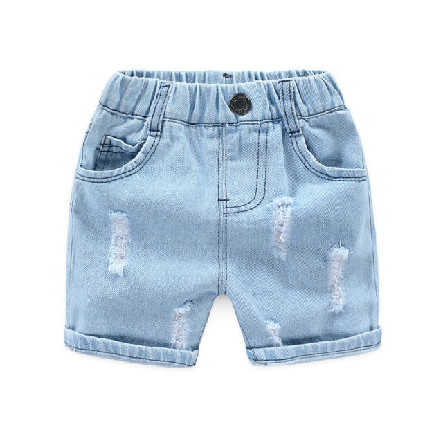 Comfortable Summer Boys Beach Shorts, cotton fabric, elastic waistband, sizes 4-9 years old, Khaki, Light Blue, and Navy Blue colors.