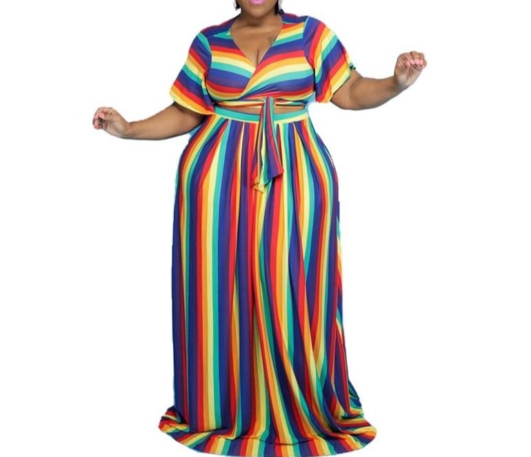 Striped Print Elastic Maxi Dress - Plus Size 2-Piece Long Dress for Semi-Formal to Formal Occasions, with Elastic Waist and Single Button