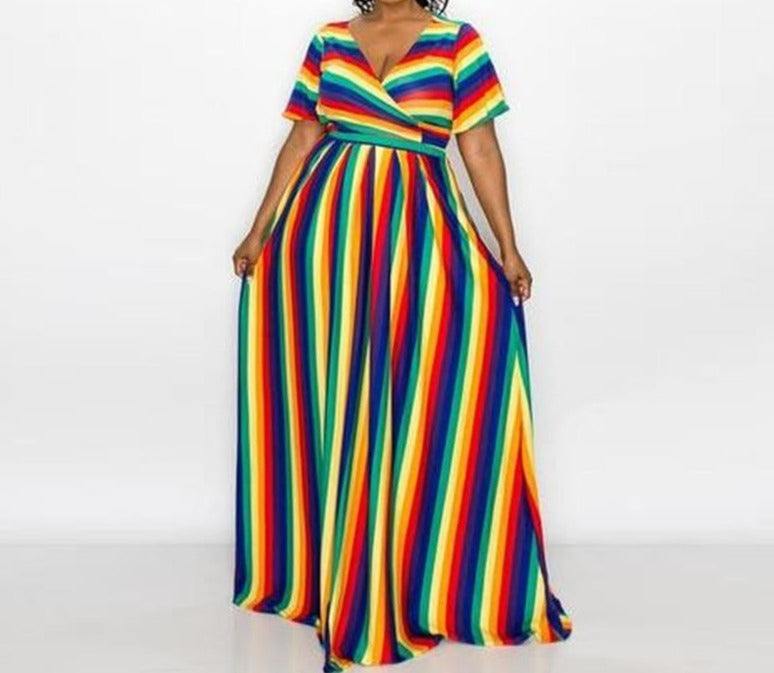 Striped Print Elastic Maxi Dress - Plus Size 2-Piece Long Dress for Semi-Formal to Formal Occasions, with Elastic Waist and Single Button