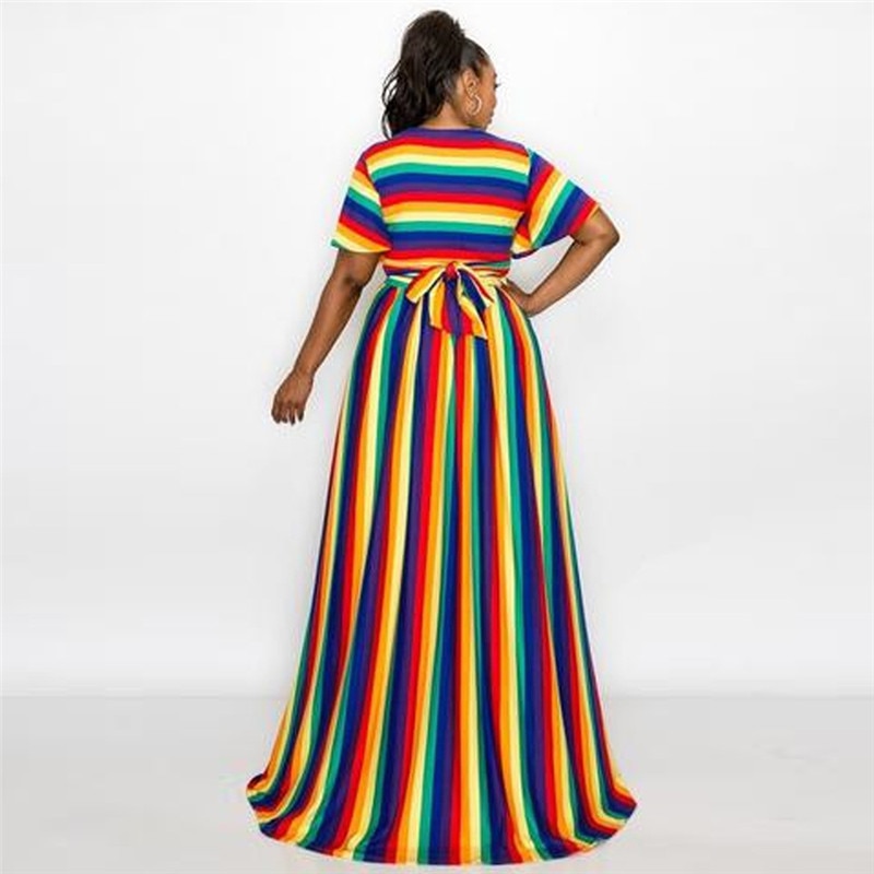 Striped Print Elastic Maxi Dress - Plus Size 2-Piece Long Dress for Semi-Formal to Formal Occasions, with Elastic Waist and Single Button