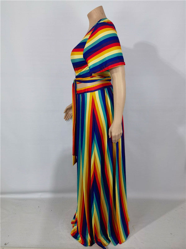 Striped Print Elastic Maxi Dress - Plus Size 2-Piece Long Dress for Semi-Formal to Formal Occasions, with Elastic Waist and Single Button