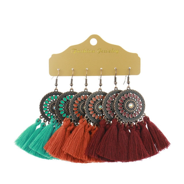 Boho Ethnic Tassel Drop Earrings - the perfect accessory for your beach attire. Stay fashionable and trendy with these stylish earrings. Available in different colors and styles to suit your preference.