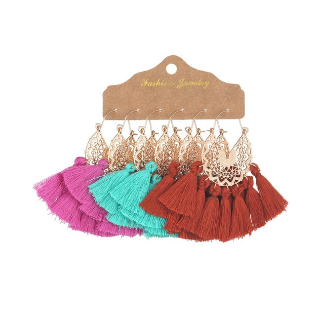 Boho Ethnic Tassel Drop Earrings - the perfect accessory for your beach attire. Stay fashionable and trendy with these stylish earrings. Available in different colors and styles to suit your preference.