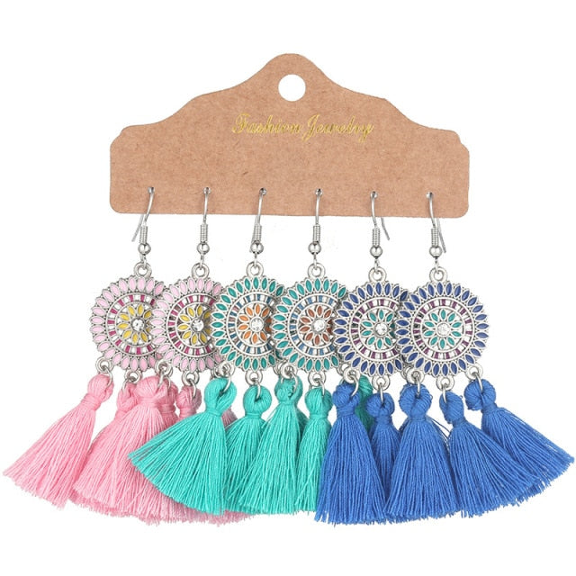 Boho Ethnic Tassel Drop Earrings - the perfect accessory for your beach attire. Stay fashionable and trendy with these stylish earrings. Available in different colors and styles to suit your preference.