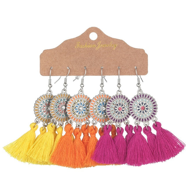 Boho Ethnic Tassel Drop Earrings - the perfect accessory for your beach attire. Stay fashionable and trendy with these stylish earrings. Available in different colors and styles to suit your preference.