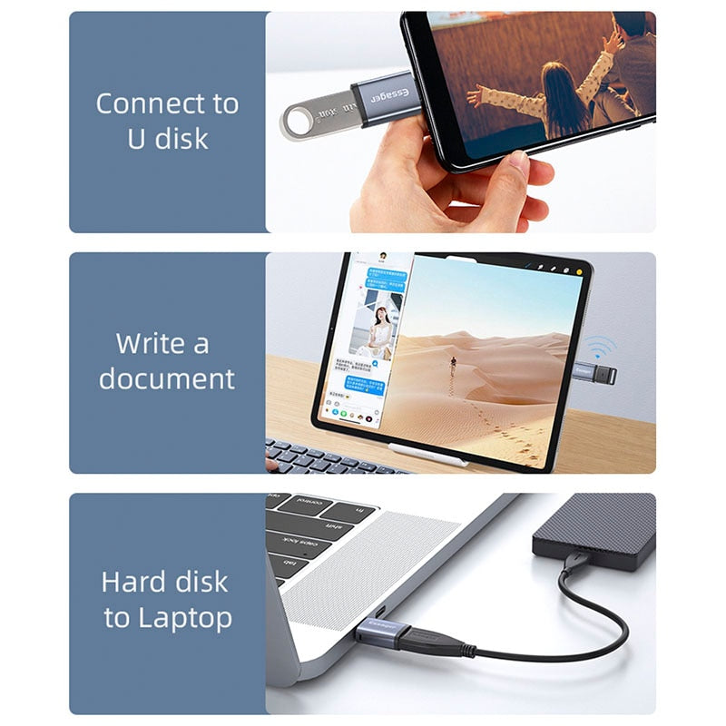 Compact and versatile USB 3.0 to Type C Male OTG Adapter. Compatible with various devices. Features mobile phone adapter, OTG cable, and USB Type C compatibility. Available in black, silver, grey, and tarnish colors. Upgrade your connectivity options!