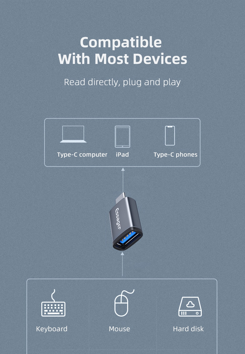 Compact and versatile USB 3.0 to Type C Male OTG Adapter. Compatible with various devices. Features mobile phone adapter, OTG cable, and USB Type C compatibility. Available in black, silver, grey, and tarnish colors. Upgrade your connectivity options!