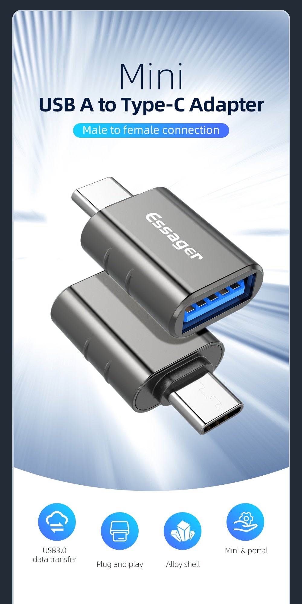 Compact and versatile USB 3.0 to Type C Male OTG Adapter. Compatible with various devices. Features mobile phone adapter, OTG cable, and USB Type C compatibility. Available in black, silver, grey, and tarnish colors. Upgrade your connectivity options!