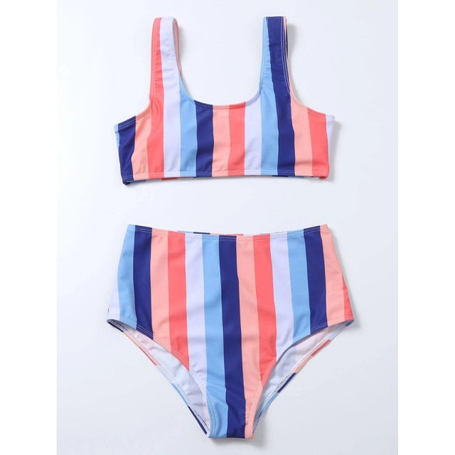 High Waist Striped Bikini - Wire-Free, Cotton, Polyester, and Spandex Material, Available in Different Colors and Sizes. Perfect for Summer Getaways and Pool Parties.