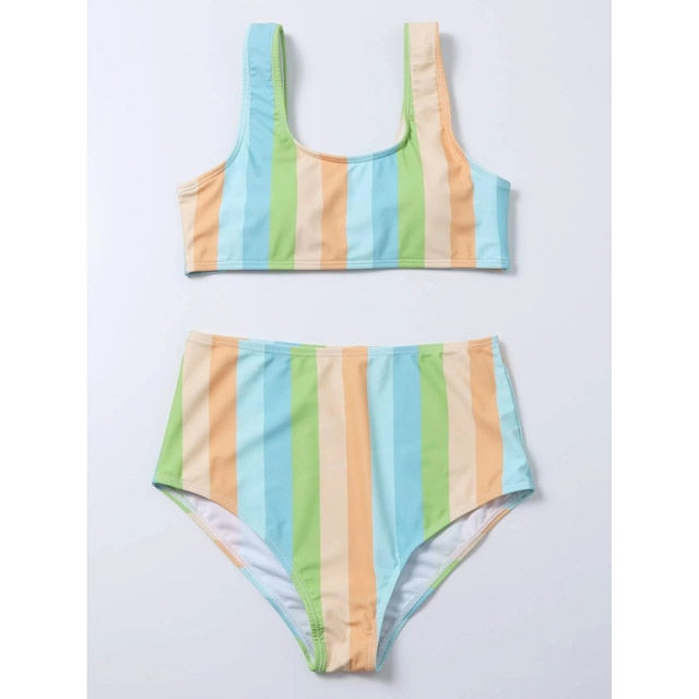 High Waist Striped Bikini - Wire-Free, Cotton, Polyester, and Spandex Material, Available in Different Colors and Sizes. Perfect for Summer Getaways and Pool Parties.