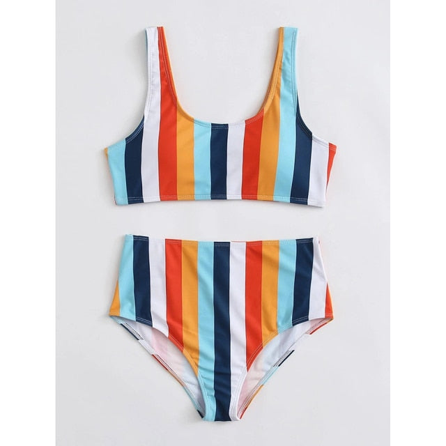 High Waist Striped Bikini - Wire-Free, Cotton, Polyester, and Spandex Material, Available in Different Colors and Sizes. Perfect for Summer Getaways and Pool Parties.