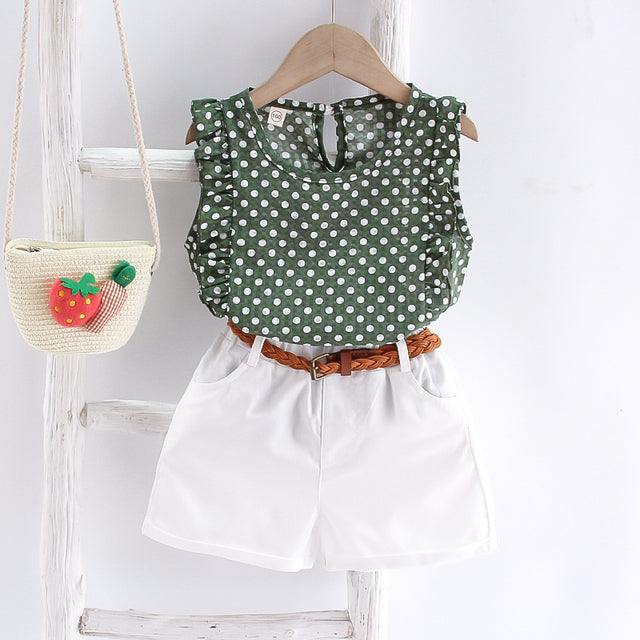 Image of Cute 2-Piece Summer Outfit - Stylish and comfortable summer outfit for girls. Includes a colorful tank top with short sleeves and elastic waistband shorts. Perfect for everyday summer wear. Pair with sandals or flip flops for an adorable look!