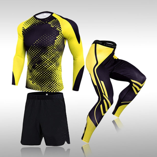 3-Piece Men's Workout Sports Set: Polyester and spandex garments for ultimate comfort and performance during workouts. Ideal for fitness enthusiasts.