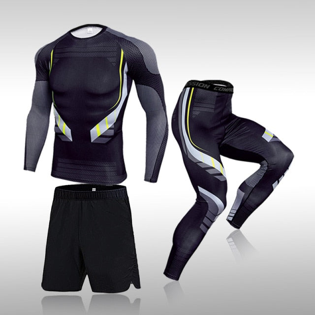 3-Piece Men's Workout Sports Set: Polyester and spandex garments for ultimate comfort and performance during workouts. Ideal for fitness enthusiasts.