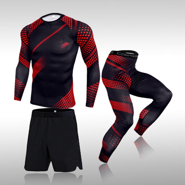 3-Piece Men's Workout Sports Set: Polyester and spandex garments for ultimate comfort and performance during workouts. Ideal for fitness enthusiasts.