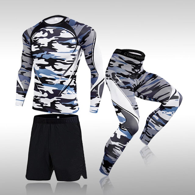 3-Piece Men's Workout Sports Set: Polyester and spandex garments for ultimate comfort and performance during workouts. Ideal for fitness enthusiasts.