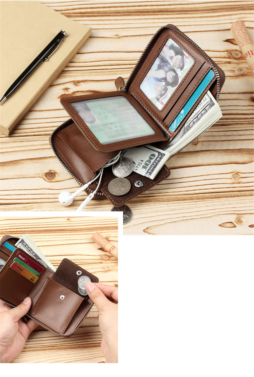 Men's Zipper Wallet - Secure and durable closure - Polyurethane material - Coin compartment, cardholder, and extra pockets - Available in black, brown, and khaki colors.