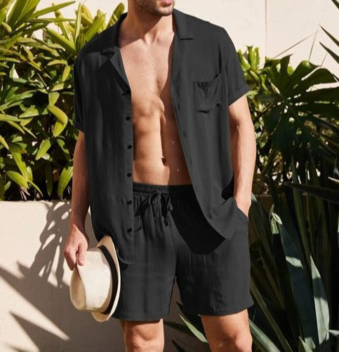 Image of a stylish and comfortable casual outfit for men, perfect for upgrading summer wardrobe. The outfit features a V-neck top and elastic waistband shorts designed for ultimate comfort and versatility. Available in various sizes and colors to fit different preferences. Shop now and elevate your man's summer style!