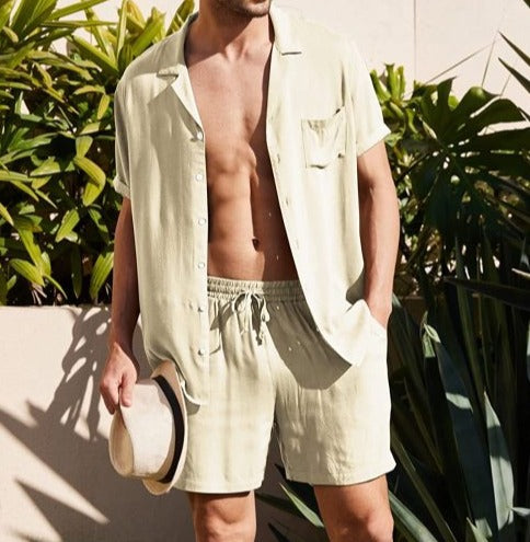 Image of a stylish and comfortable casual outfit for men, perfect for upgrading summer wardrobe. The outfit features a V-neck top and elastic waistband shorts designed for ultimate comfort and versatility. Available in various sizes and colors to fit different preferences. Shop now and elevate your man's summer style!